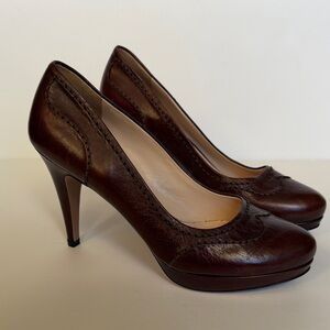 Prada Dark Brown Leather platform pumps Heels oxford brogue stitching wingtip